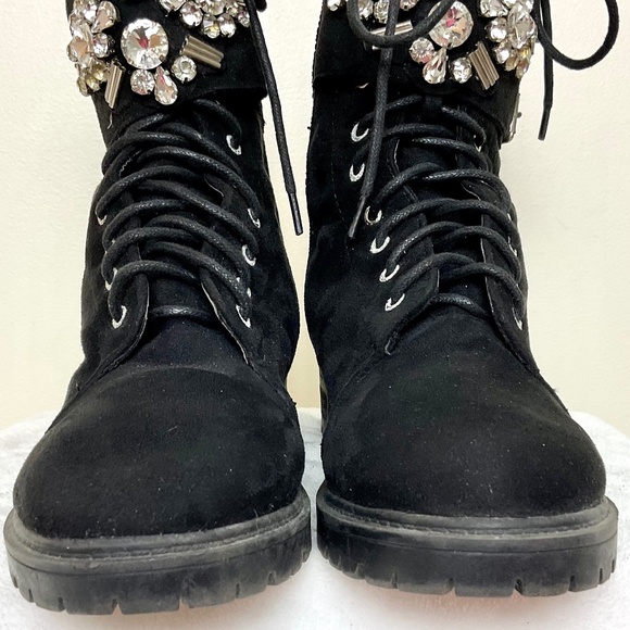 BLACK SUEDE ROUNDED TOE SIDE ZIP BUCKLE LACE UP ANKLE BOOTS WITH CRYSTAL DETAIL - Picture 5 of 16